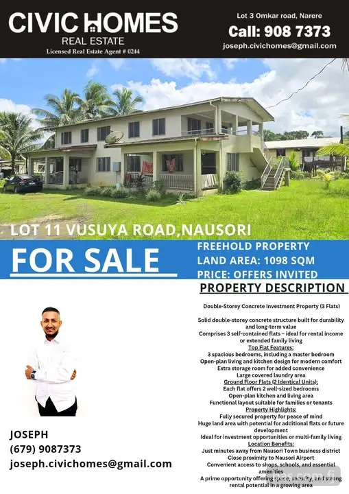 Joseph from Civic Homes Real Estate is offering services. Contact Joseph at or . Located in Suva.