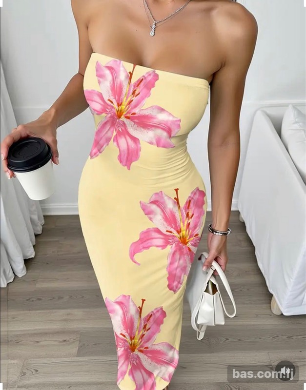 Women’s strapless Dress, floral print. Size L.